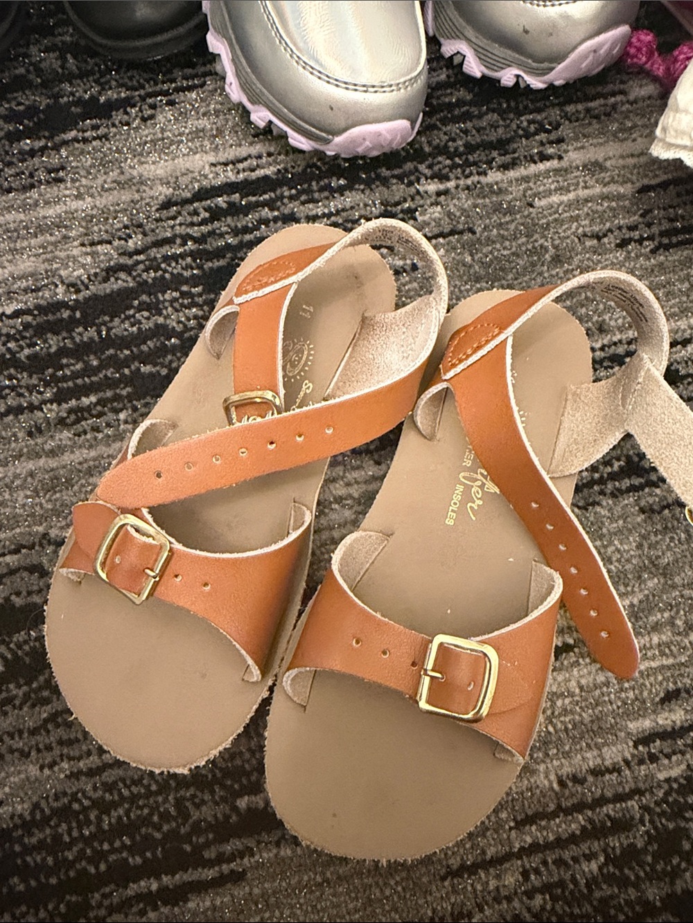 Salt Water Sandals by Hoy Girls Brown Tan Leather Buckle Sandals